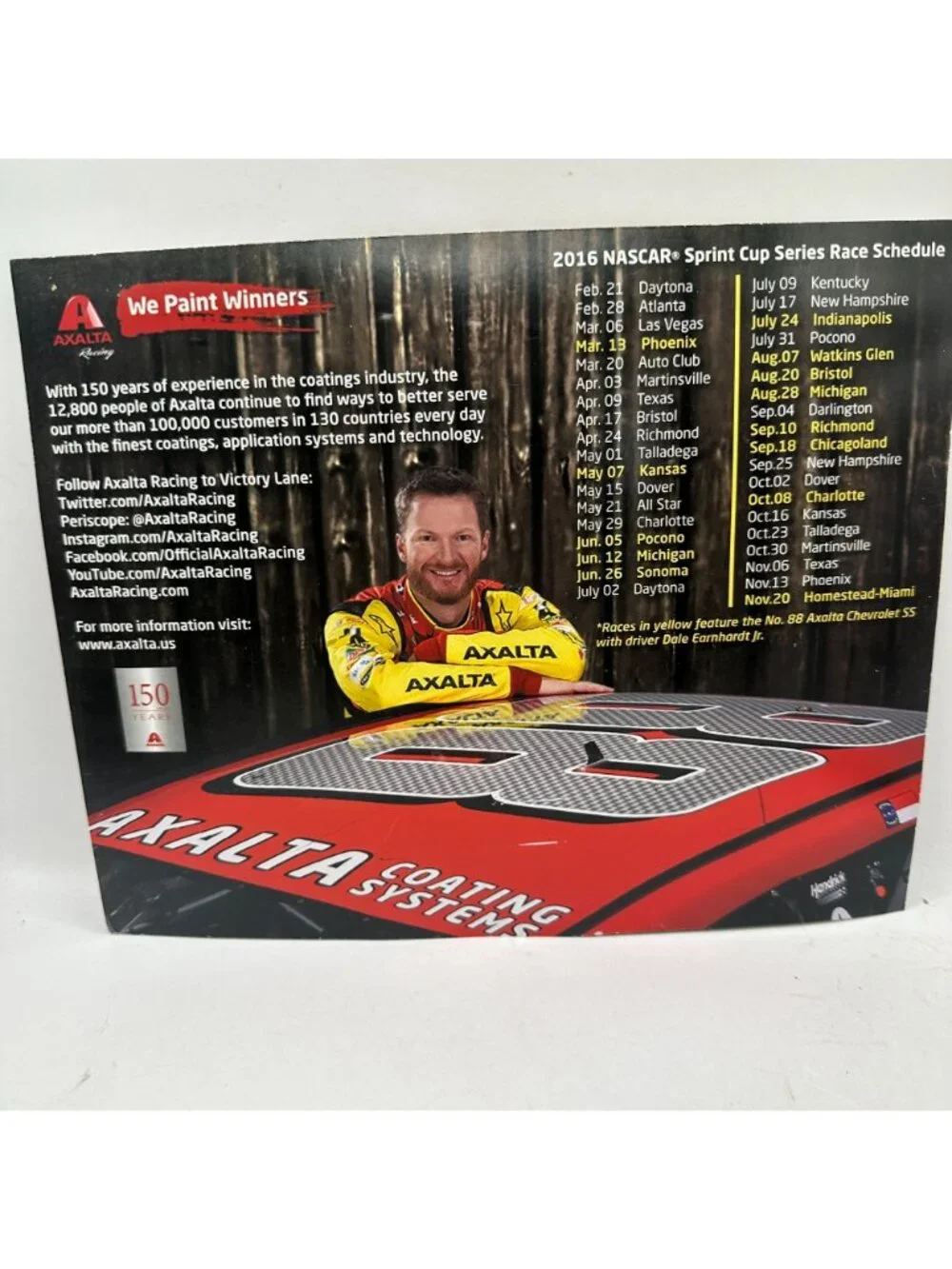 Axalta Racing Dale Earnhardt Jr. 2016 NASCAR Sprint Cup Series Promotional Card